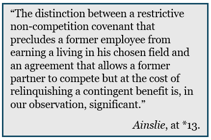 “The distinction between a restrictive non-competition covenant that precludes a former employee from earning a living in his chosen field and an agreement that allows a former partner to compete but at the cost of relinquishing a contingent benefit is, in our observation, significant.” Ainslie, at *13.